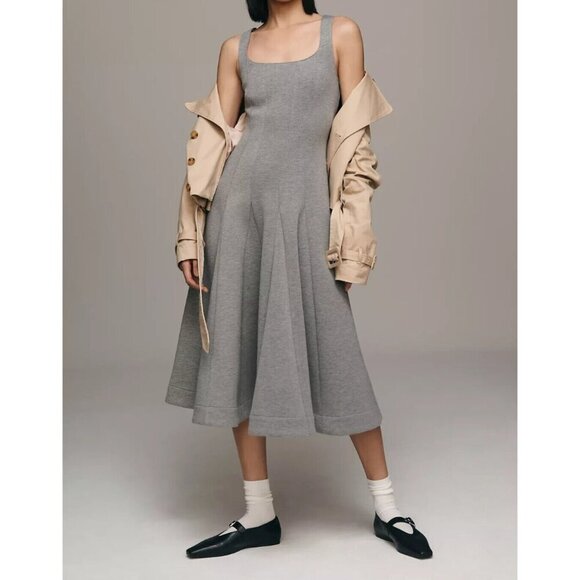 Du Paradis Anthropologie Grey Full Skirt Neoprene Midi Dress L - Picture 1 of 4